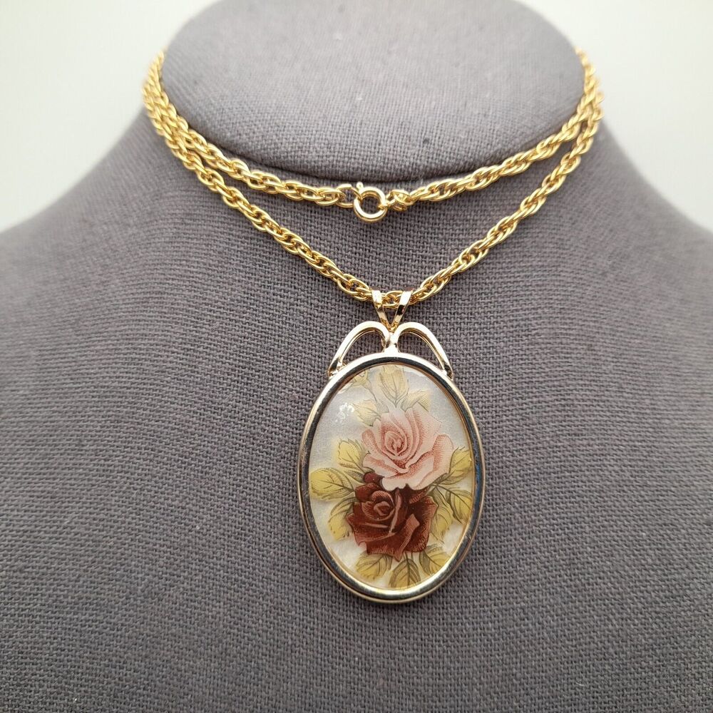 Victorian Cameo Style Necklace Rose Print Pendant Gold Tone